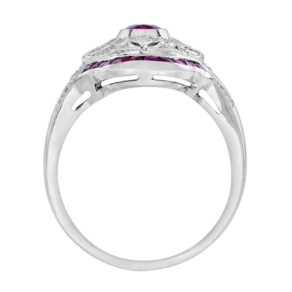 Art Deco Style Pink Red Ruby &amp; Diamond Cocktail 18K White Gold Statement Ring