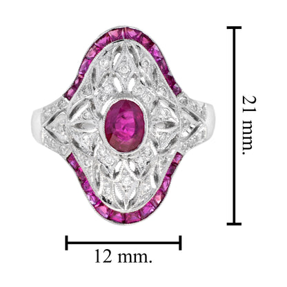 Art Deco Style Pink Red Ruby &amp; Diamond Cocktail 18K White Gold Statement Ring