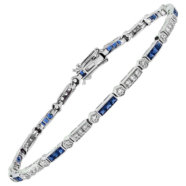 Alternate Square Shape Blue Sapphire & Diamond White Gold Tennis Line Bracelet