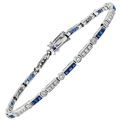 Alternate Square Shape Blue Sapphire & Diamond White Gold Tennis Line Bracelet