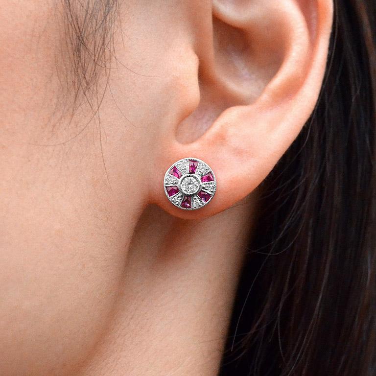 Round Diamond &amp; French Cut Red Pink Ruby Art Deco Style Stud White Gold Earrings