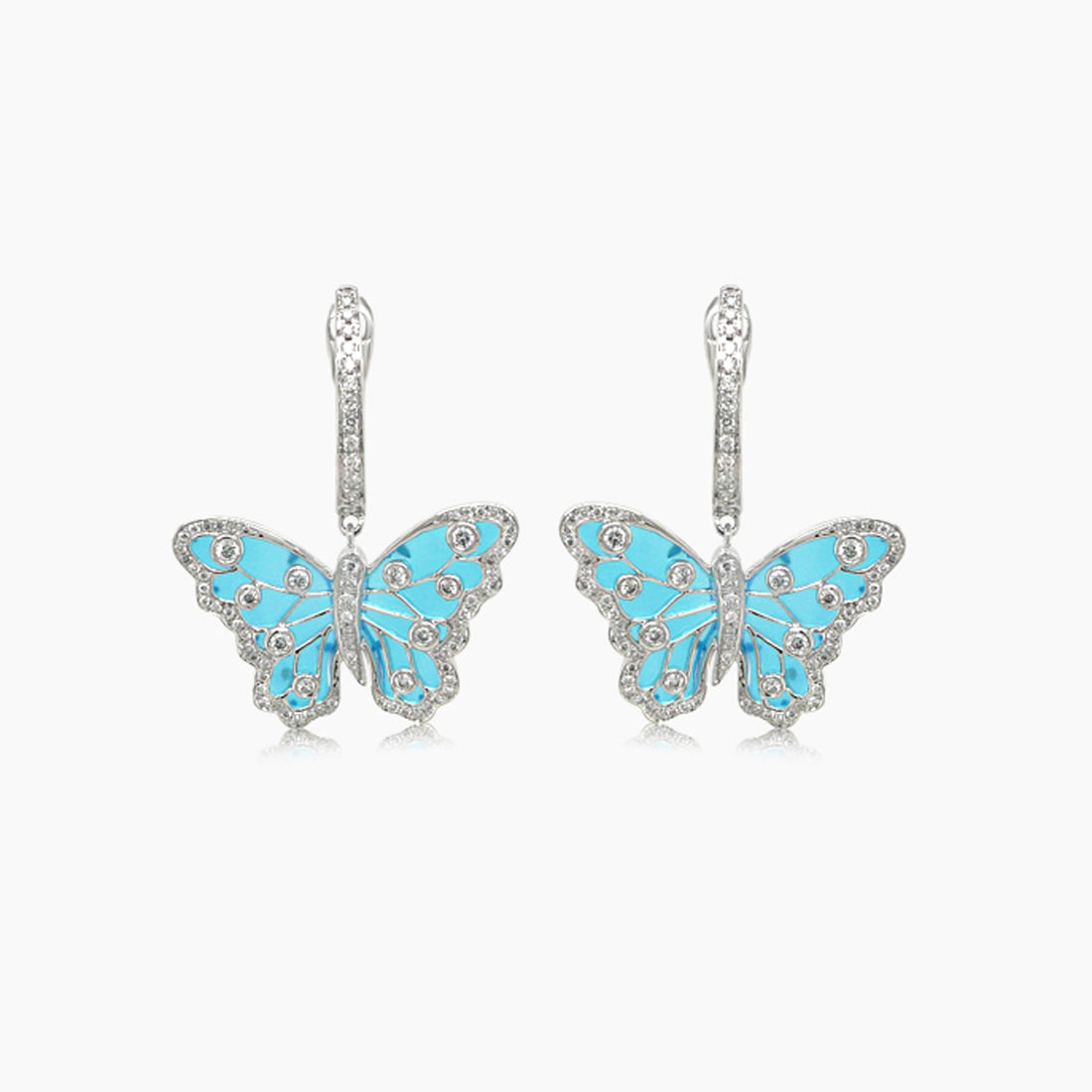 Blue Agate & Diamonds Butterfly Sweet 18K White Gold Drop Earrings
