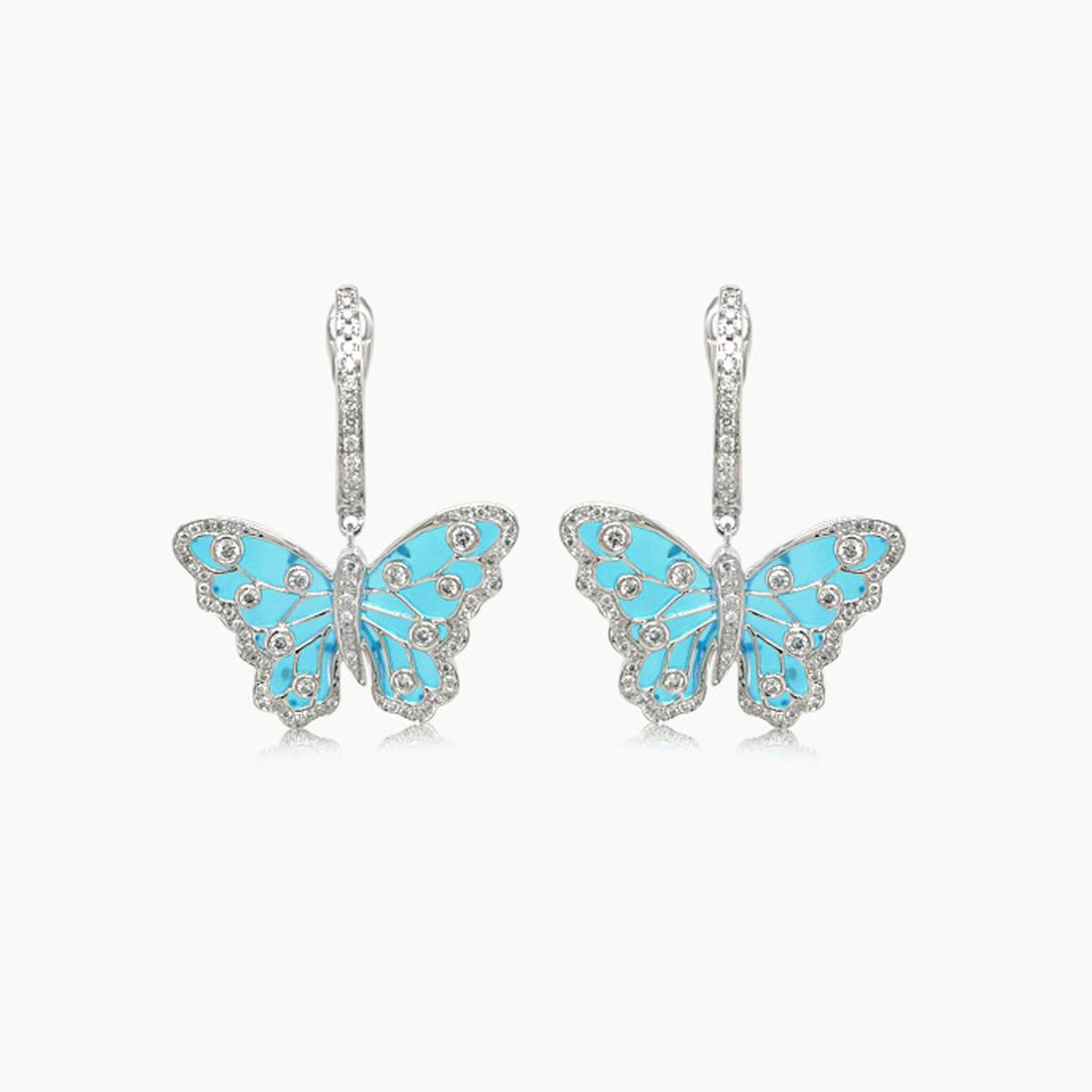 Blue Agate &amp; Diamonds Butterfly Sweet 18K White Gold Drop Earrings