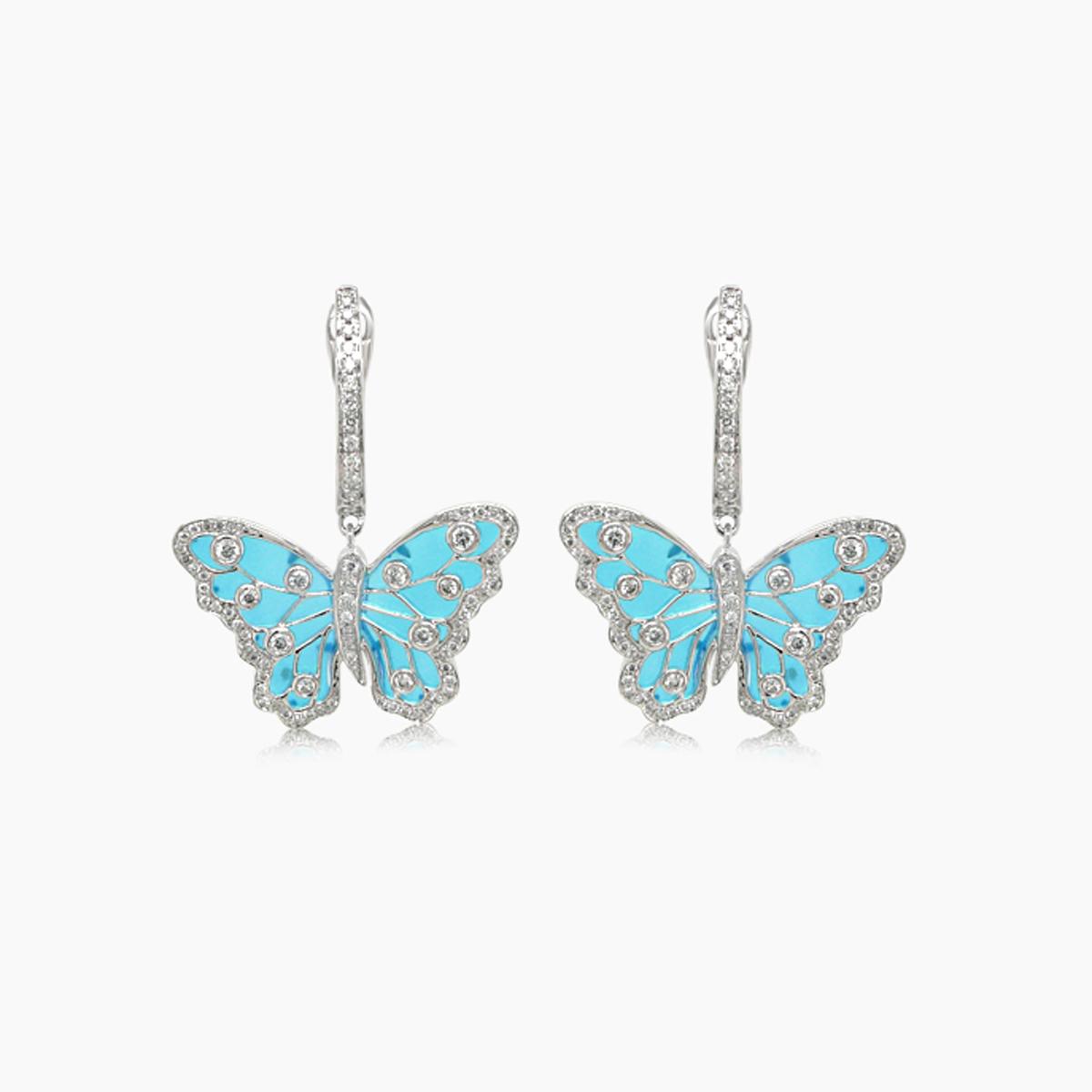 blue agate & diamonds butterfly sweet 18k white gold drop earrings