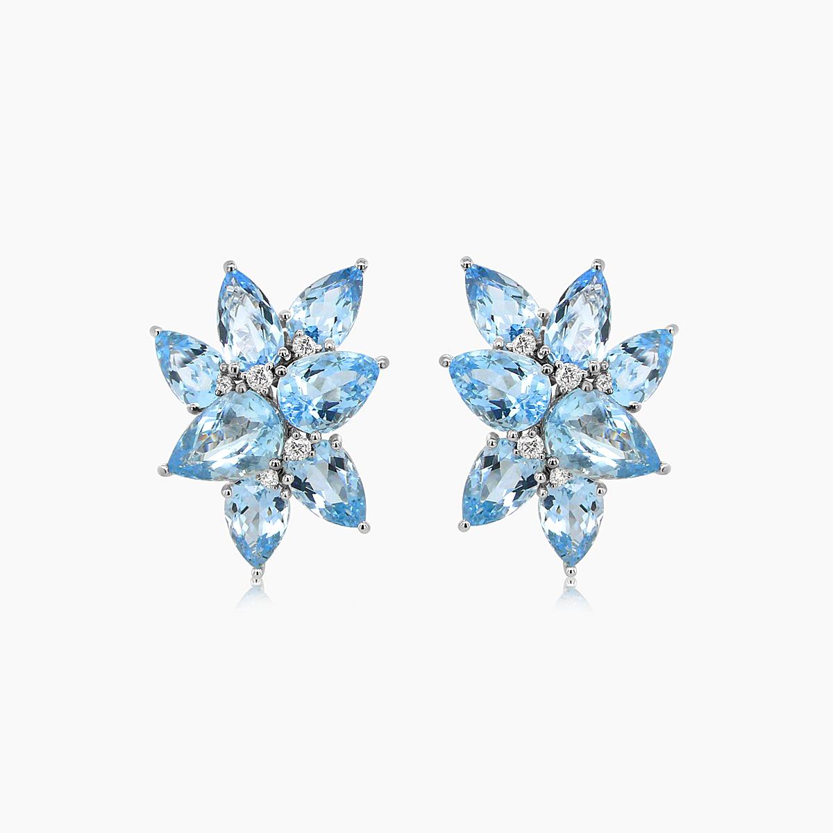 pear drop shape blue aquamarines & diamond 18k white gold earrings