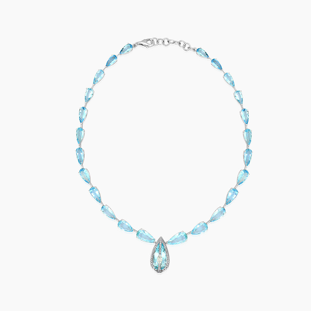 Blue Aquamarine & White Diamond 18K White Gold Princess Bib Gemstone Necklace