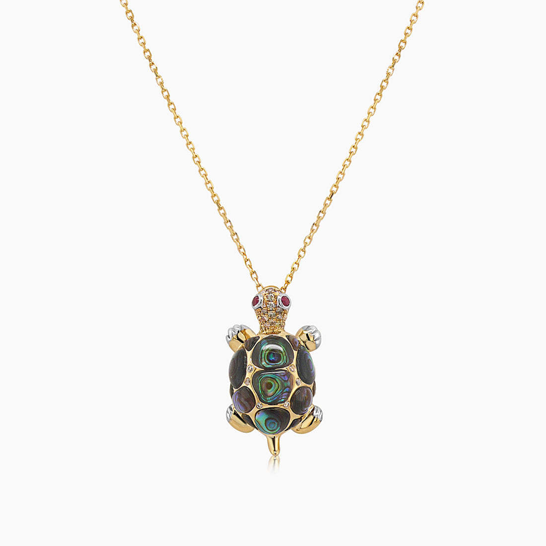 Turtle Abalone Shell & Diamond Ruby White Diamond 18K Gold Pendant Necklace