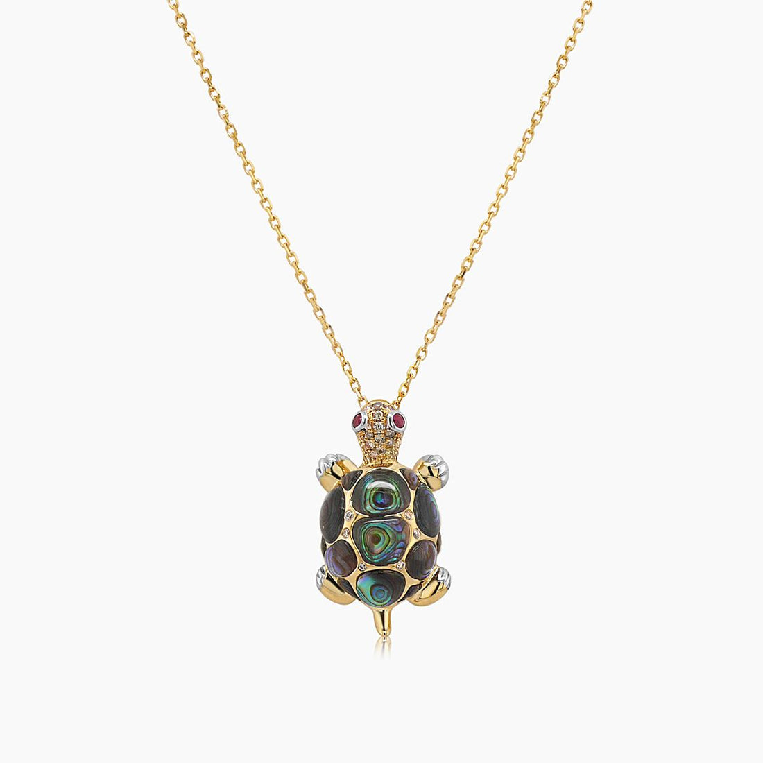 Turtle Abalone Shell &amp; Diamond Ruby White Diamond 18K Gold Pendant Necklace
