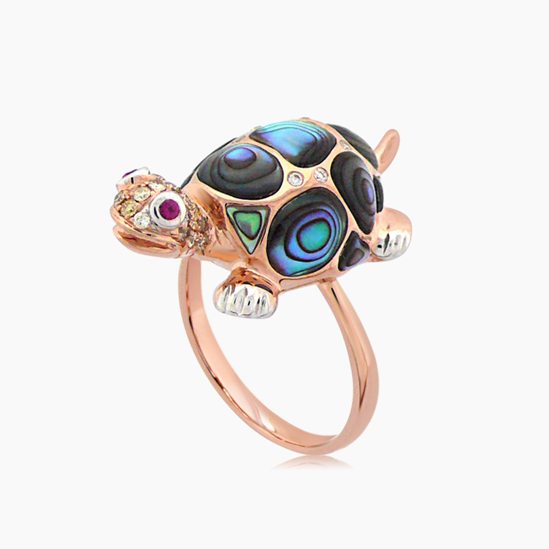 Abalone Shell Fancy Diamond Ruby & White Diamond 18K Rose Gold Turtle Ring