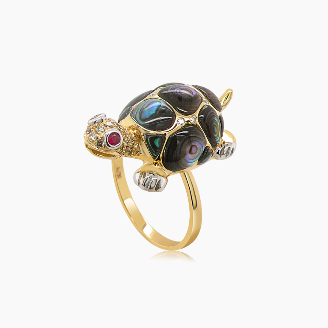 Abalone Shell Fancy Diamond Ruby & White Diamond 18K Rose Gold Turtle Ring