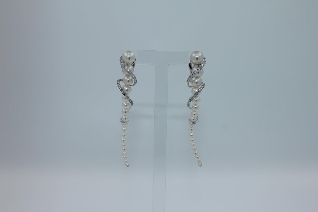 Akoya Baby White Pearl Diamond White Gold Luxury Cocktail Twist Conch Earrings
