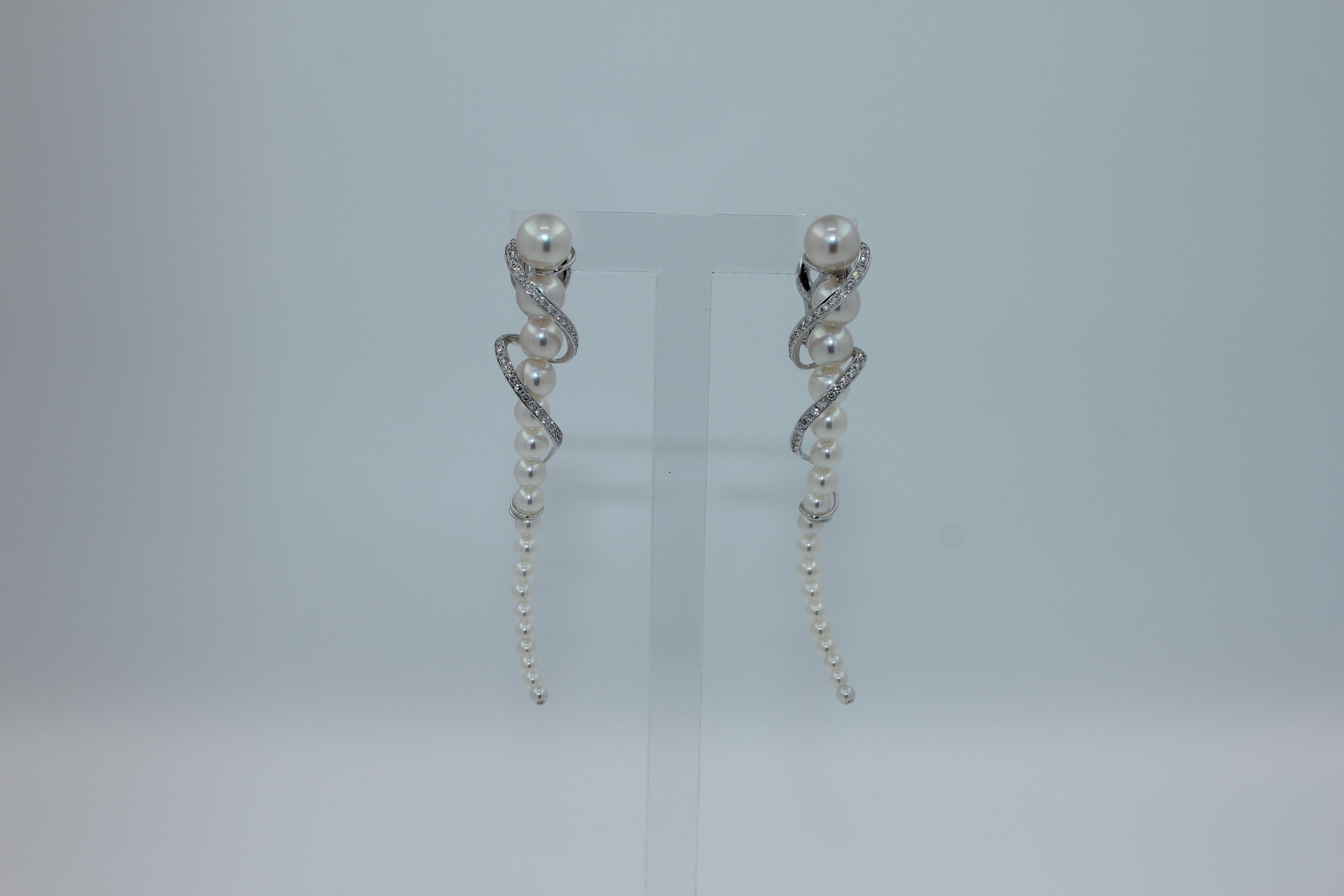 Akoya Baby White Pearl Diamond White Gold Luxury Cocktail Twist Conch Earrings