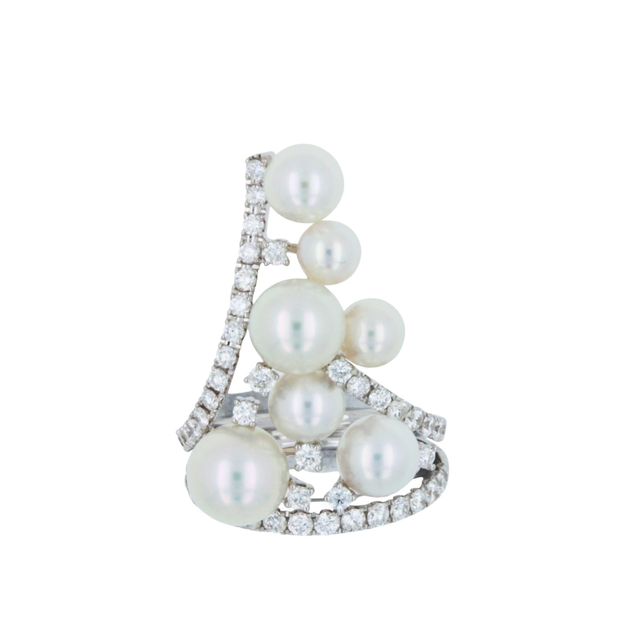 Akoya White Pearl Diamond Luxury Cocktail Tiara Crown 18 Karat White Gold Ring