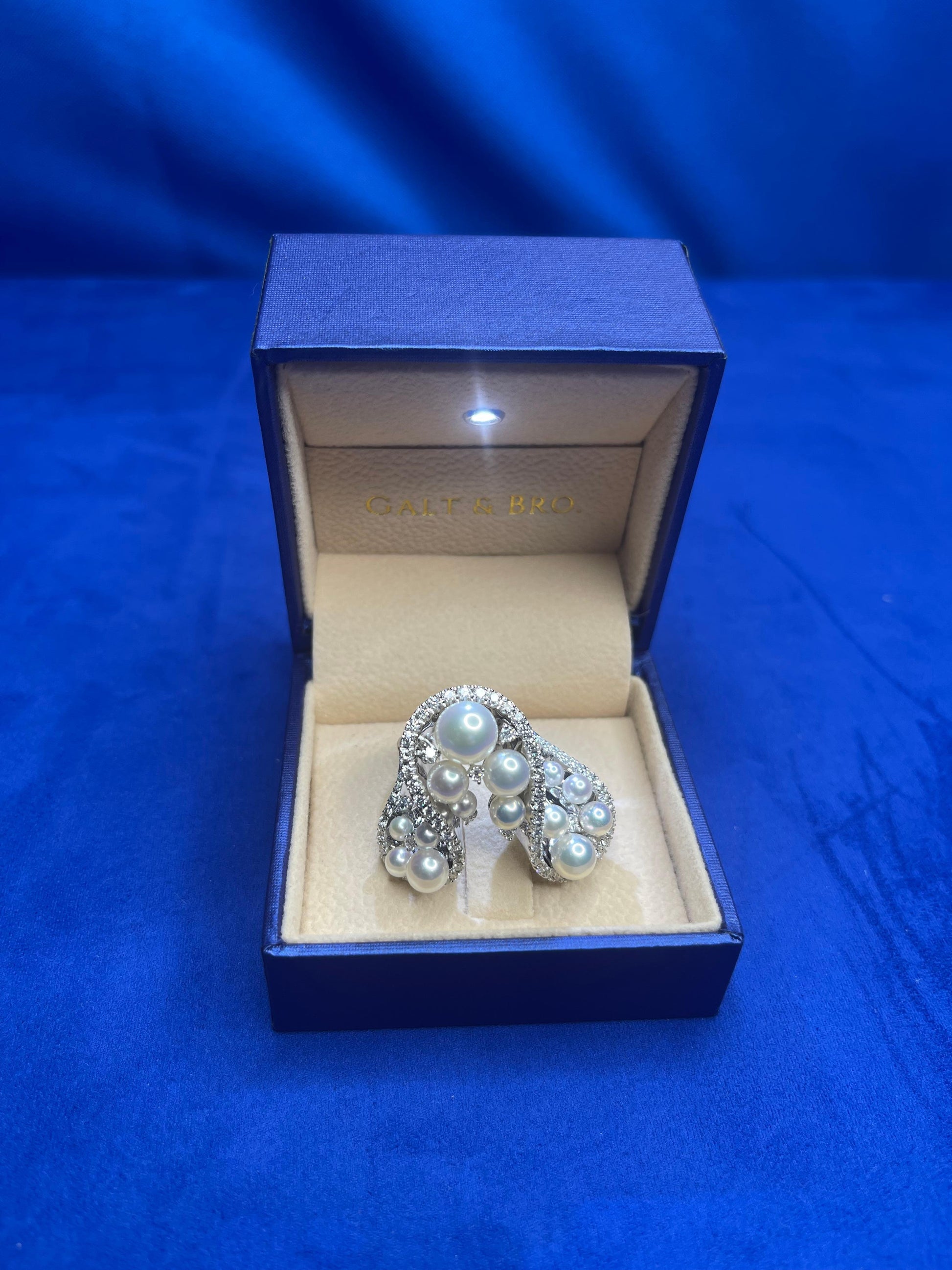 Akoya White Pearl Grape Luxury Cocktail Pave Elegant 18K White Gold Diamond Ring