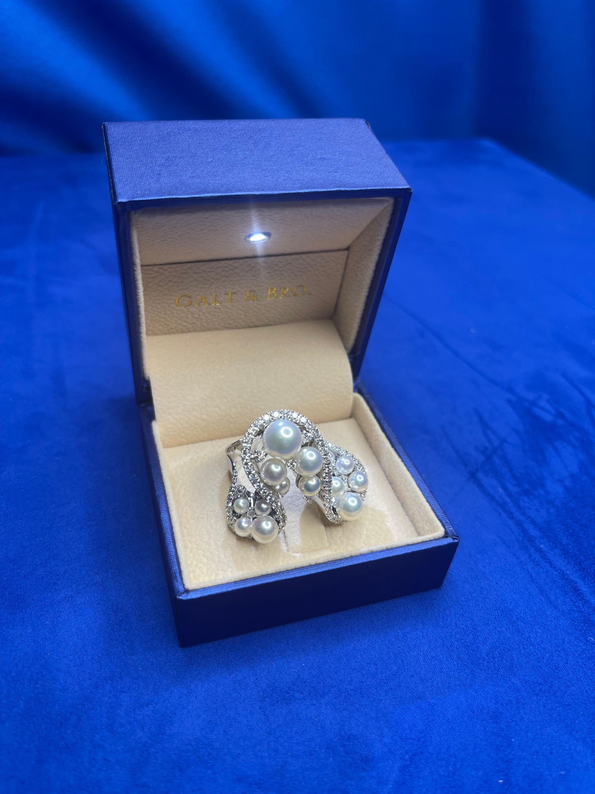 Akoya White Pearl Grape Luxury Cocktail Pave Elegant 18K White Gold Diamond Ring