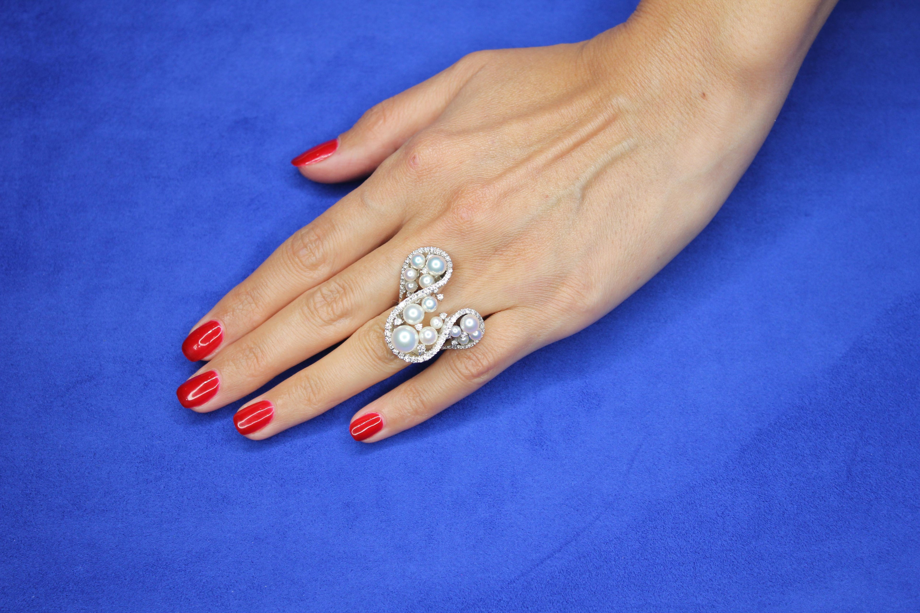 Akoya White Pearl Grape Luxury Cocktail Pave Elegant 18K White Gold Diamond Ring