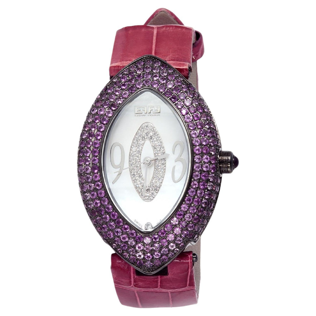 Amethyst & Diamonds Pave Dial Luxury Swiss Quartz Exotic Leather Watch