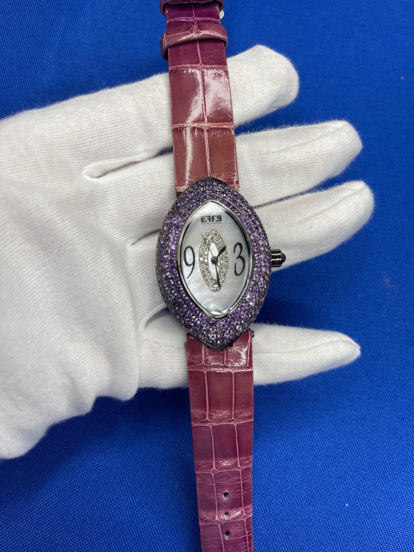 amethyst & diamonds pave dial luxury swiss quartz exotic leather watch