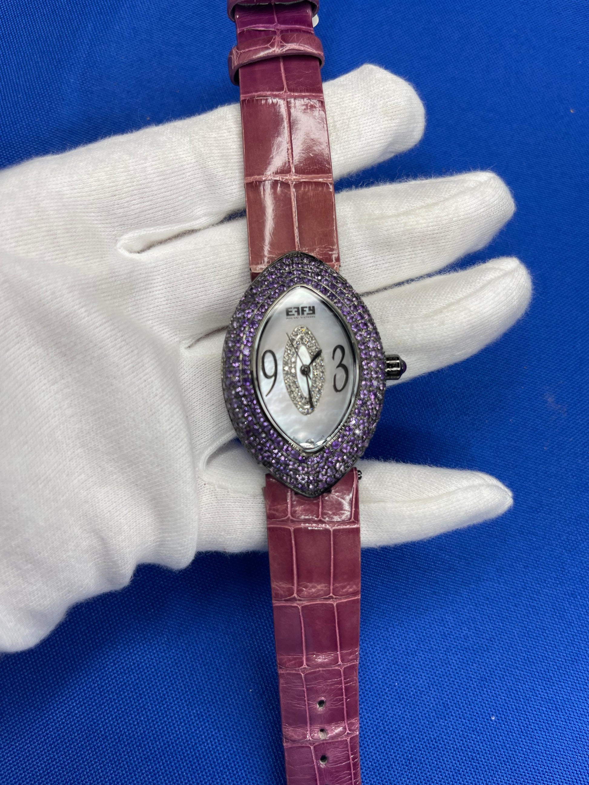 Amethyst & Diamonds Pave Dial Luxury Swiss Quartz Exotic Leather Watch