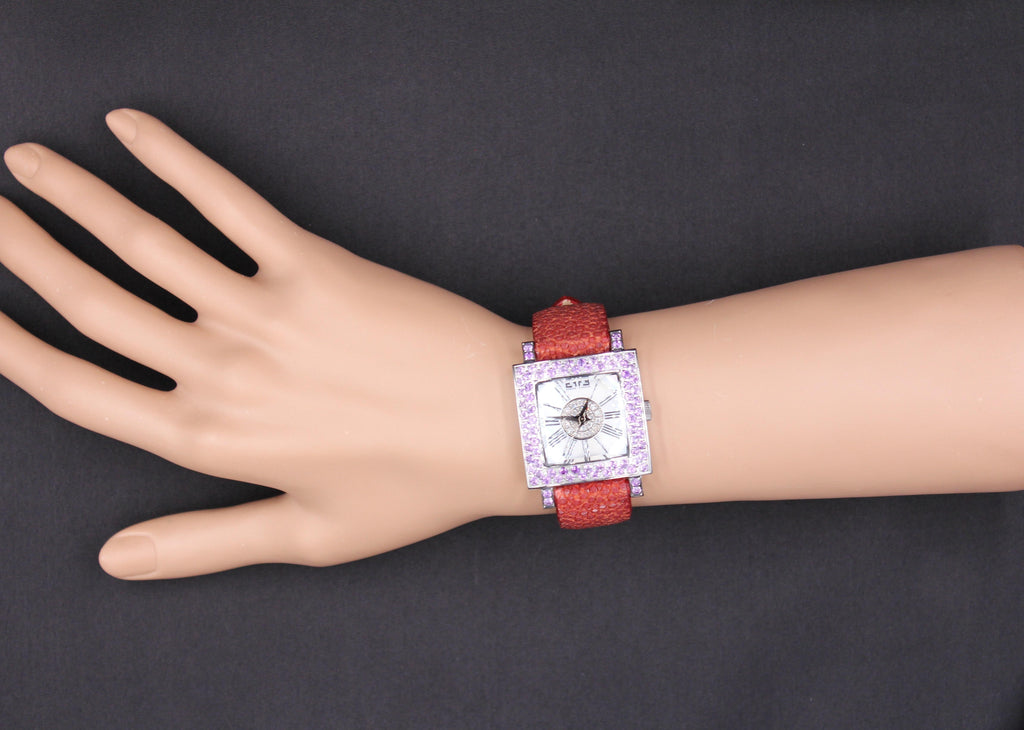 Amethyst & Diamonds Pave Dial Luxury Swiss Quartz Exotic Leather Watch