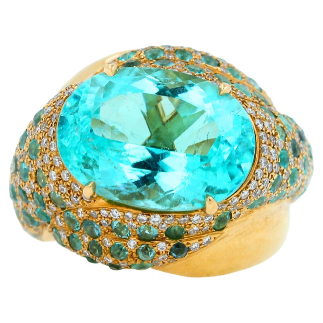 Aqua Teal Blue Oval Shape Paraiba Tourmaline Diamond Pave 18k Yellow Gold Ring