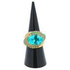 Aqua Teal Blue Oval Shape Paraiba Tourmaline Diamond Pave 18k Yellow Gold Ring