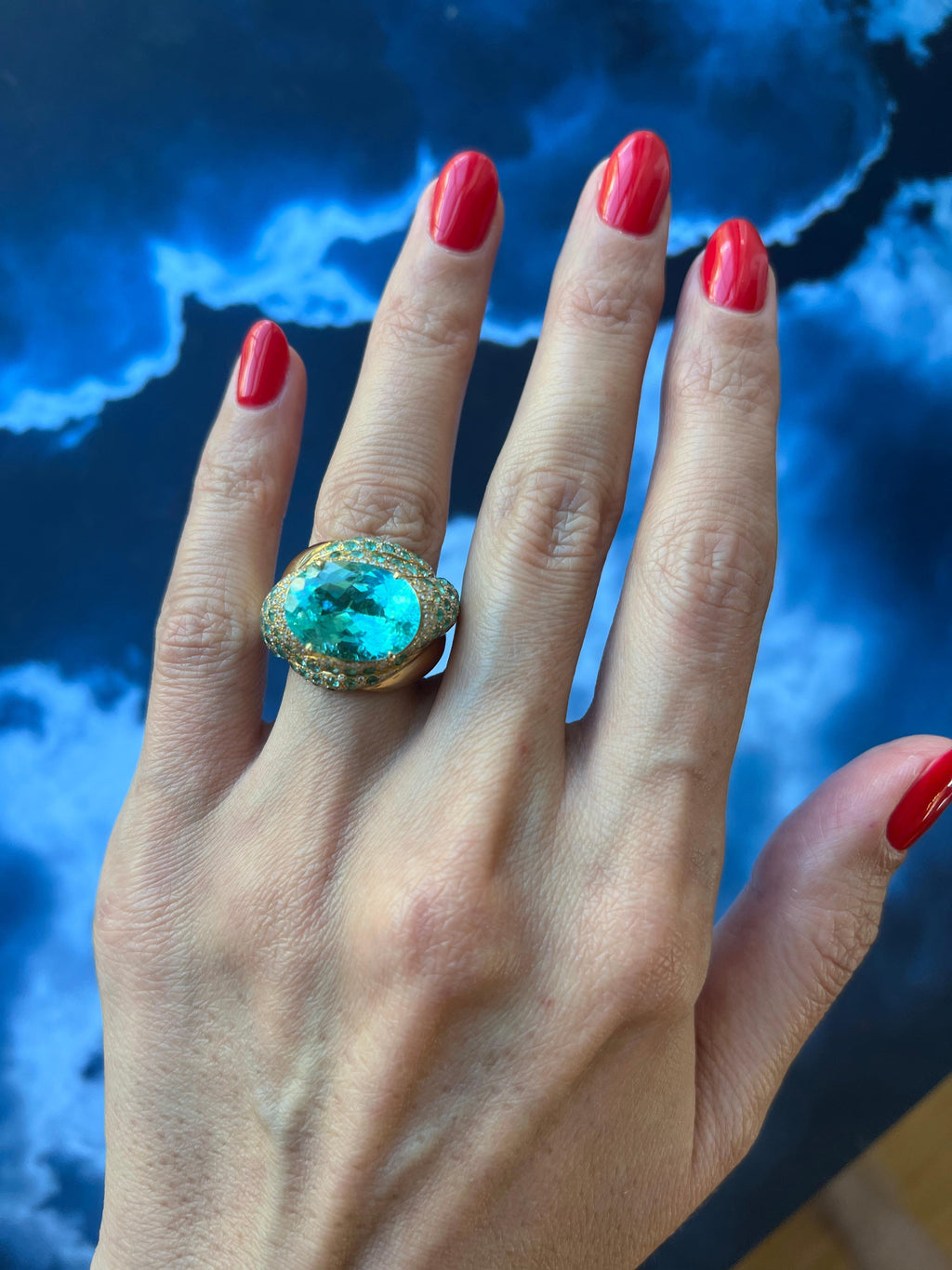 Aqua Teal Blue Oval Shape Paraiba Tourmaline Diamond Pave 18k Yellow Gold Ring