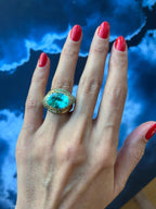 Aqua Teal Blue Oval Shape Paraiba Tourmaline Diamond Pave 18k Yellow Gold Ring