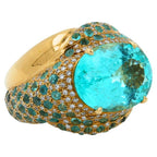 Aqua Teal Blue Oval Shape Paraiba Tourmaline Diamond Pave 18k Yellow Gold Ring