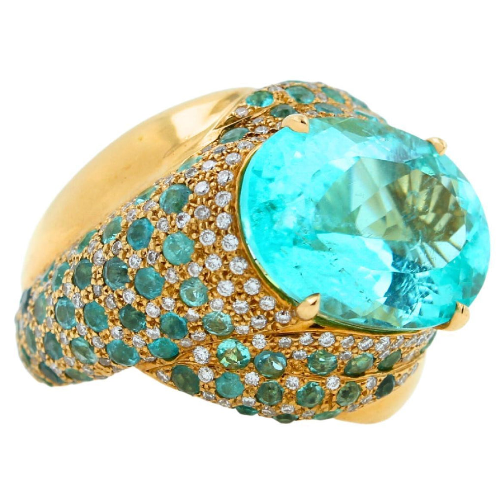 Aqua Teal Blue Oval Shape Paraiba Tourmaline Diamond Pave 18k Yellow Gold Ring
