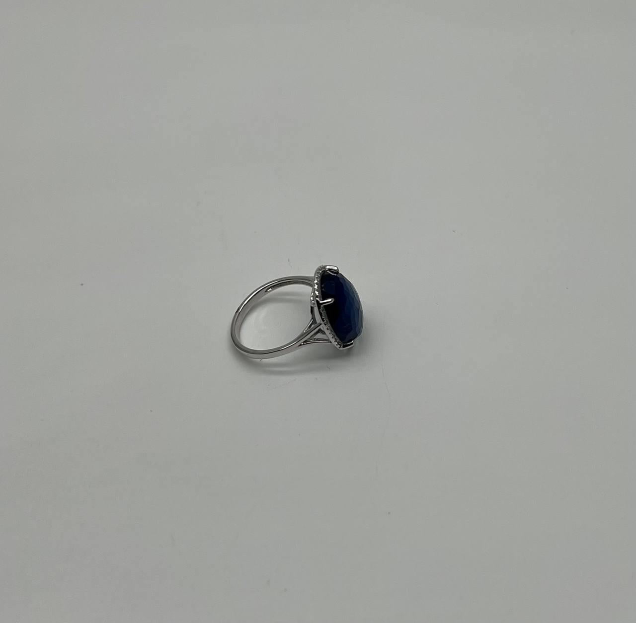 Dark Blue Azurite Bezel Set Diamond Halo 14K White Gold Statement Ring
