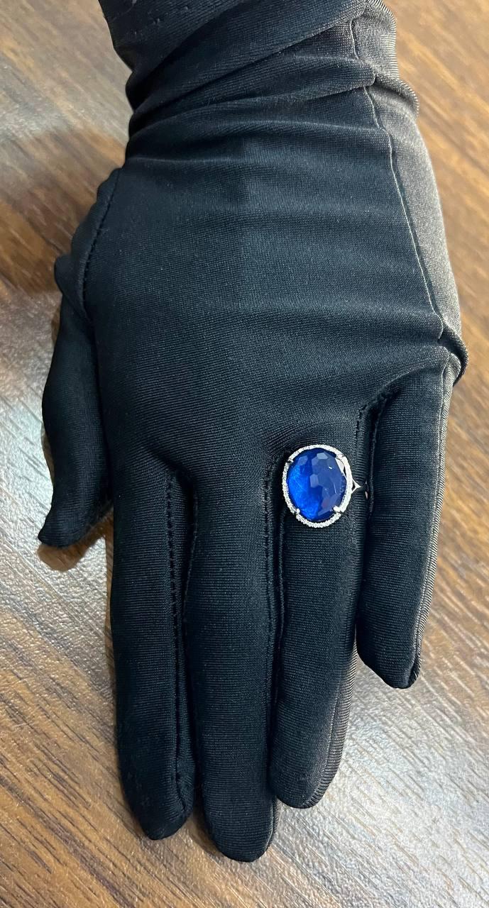 Dark Blue Azurite Bezel Set Diamond Halo 14K White Gold Statement Ring