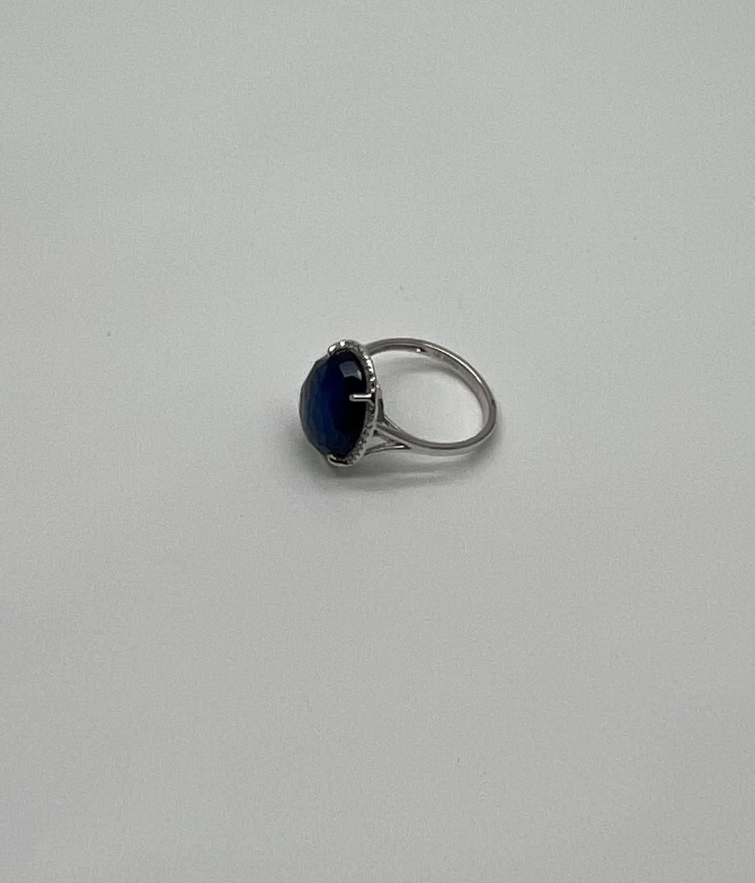 Dark Blue Azurite Bezel Set Diamond Halo 14K White Gold Statement Ring