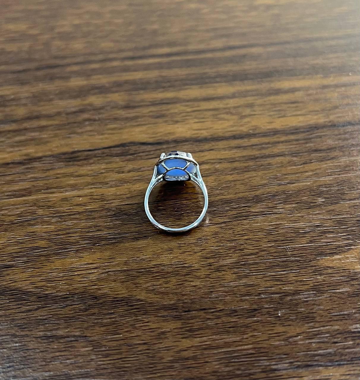 Dark Blue Azurite Bezel Set Diamond Halo 14K White Gold Statement Ring