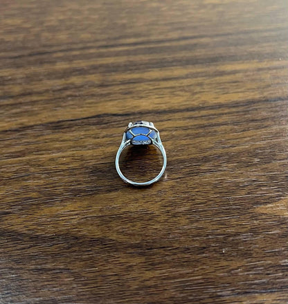 Dark Blue Azurite Bezel Set Diamond Halo 14K White Gold Statement Ring