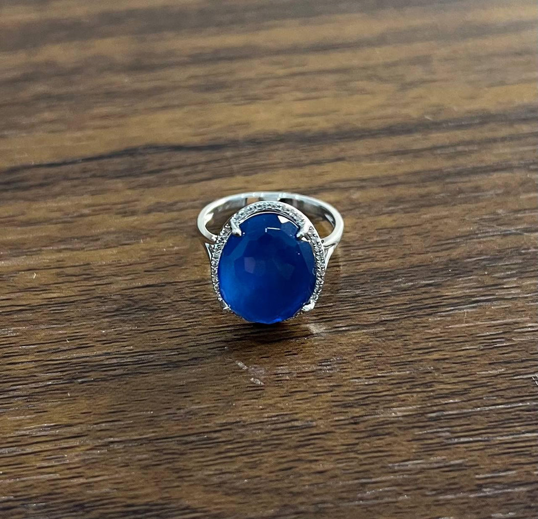 Dark Blue Azurite Bezel Set Diamond Halo 14K White Gold Statement Ring