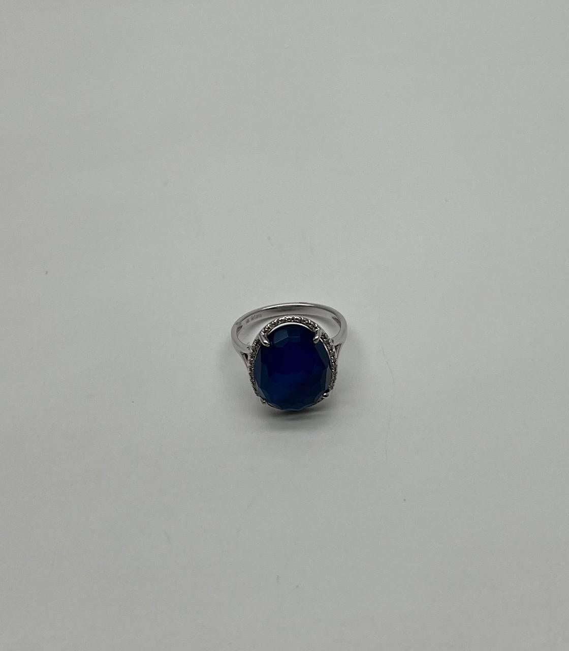 Dark Blue Azurite Bezel Set Diamond Halo 14K White Gold Statement Ring