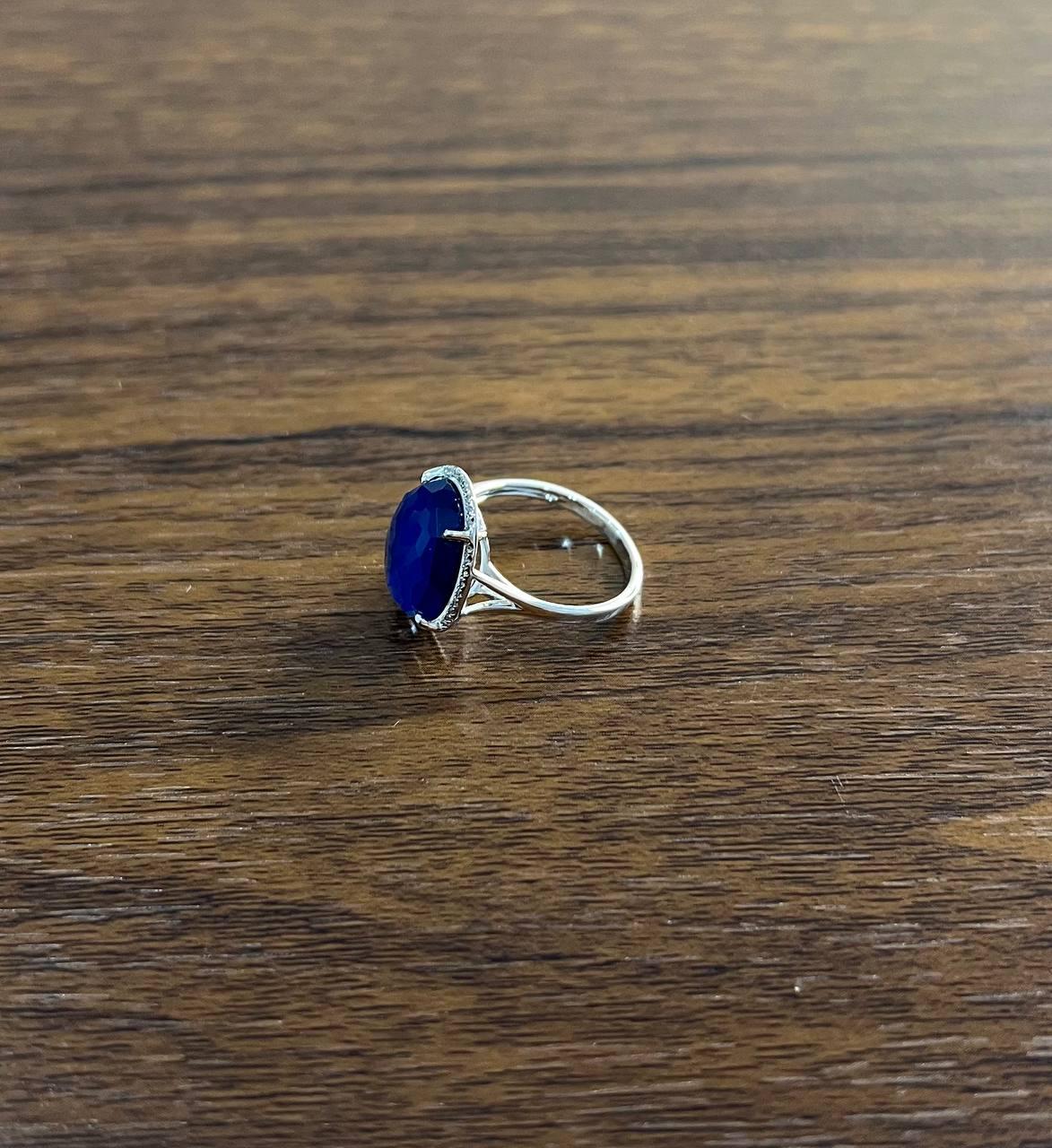 Dark Blue Azurite Bezel Set Diamond Halo 14K White Gold Statement Ring