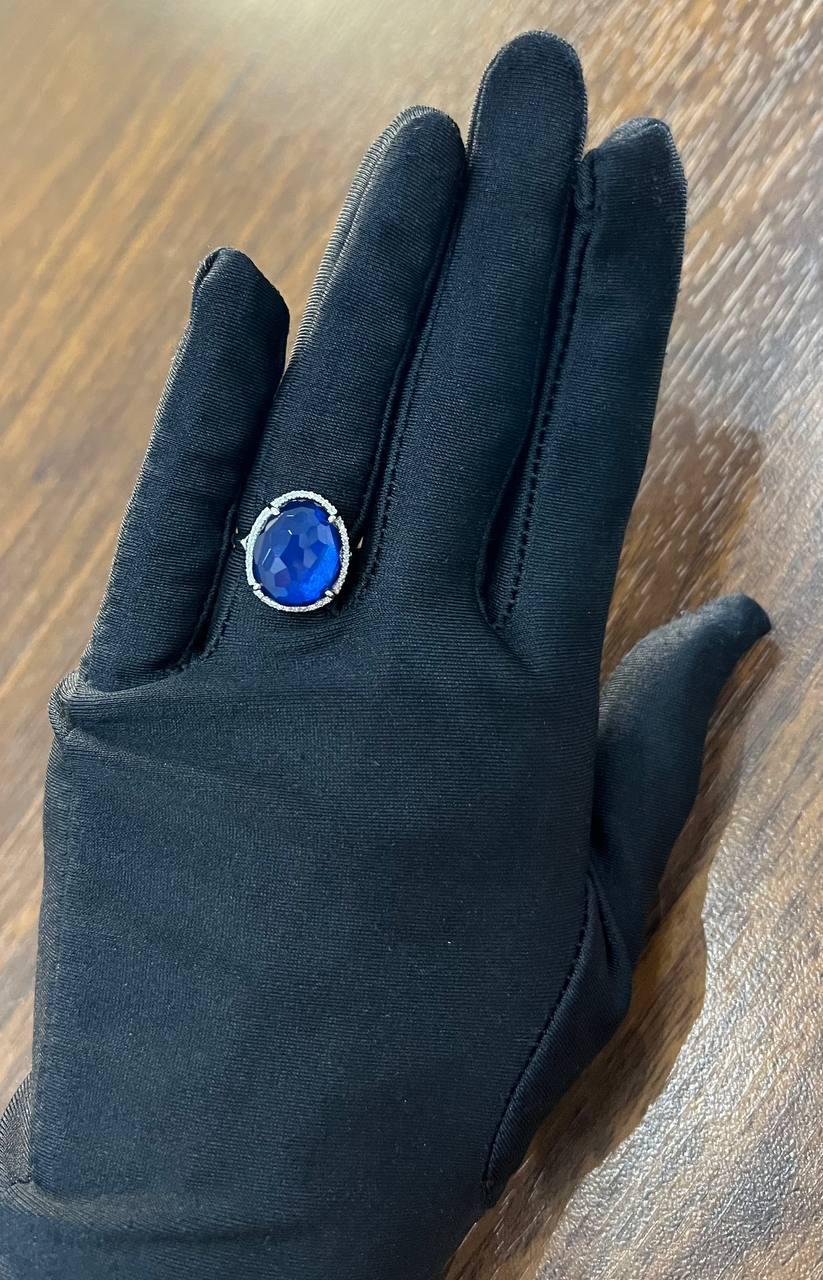 Dark Blue Azurite Bezel Set Diamond Halo 14K White Gold Statement Ring