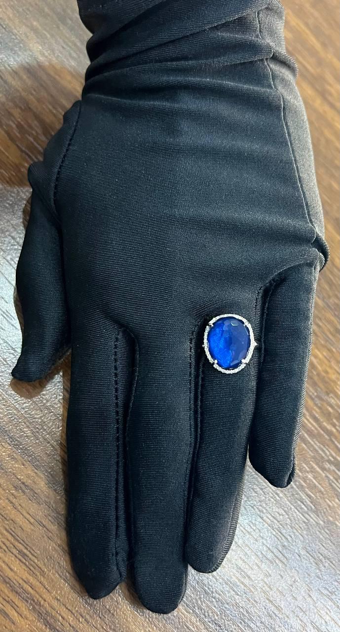 Dark Blue Azurite Bezel Set Diamond Halo 14K White Gold Statement Ring