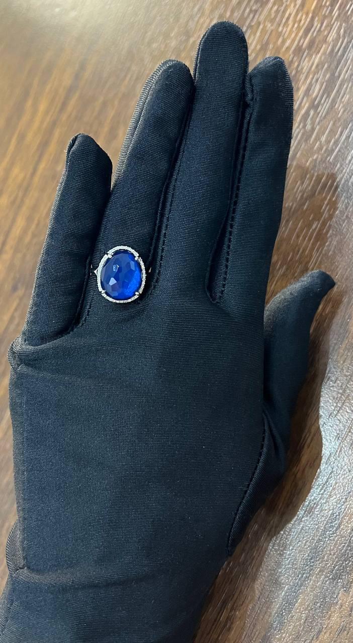 Dark Blue Azurite Bezel Set Diamond Halo 14K White Gold Statement Ring