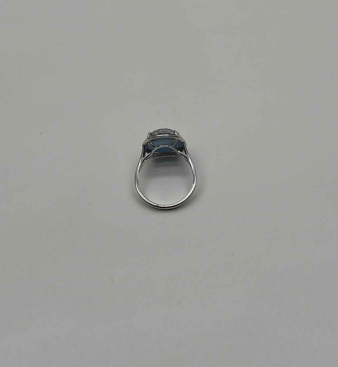 Dark Blue Azurite Bezel Set Diamond Halo 14K White Gold Statement Ring