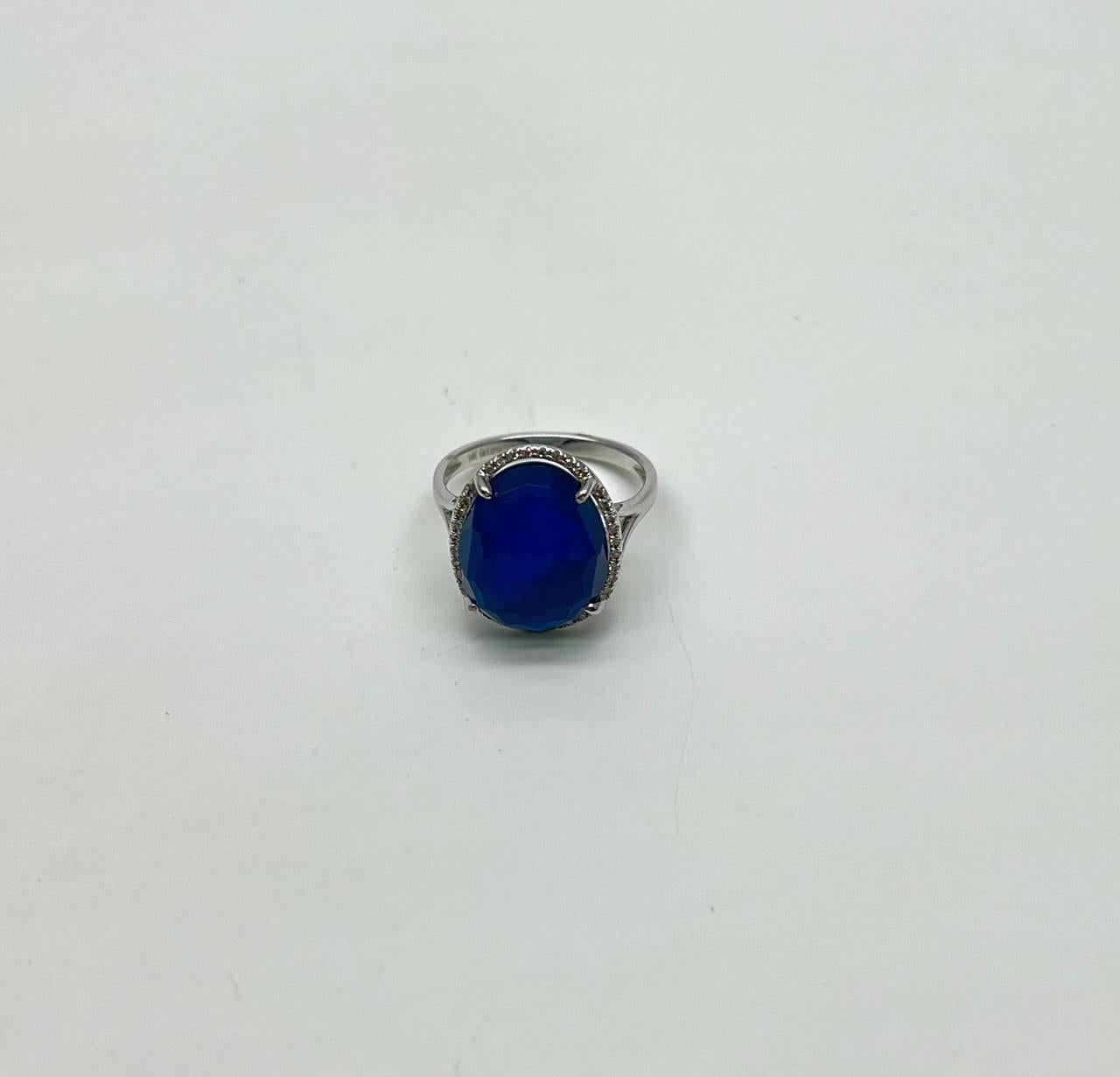 Dark Blue Azurite Bezel Set Diamond Halo 14K White Gold Statement Ring