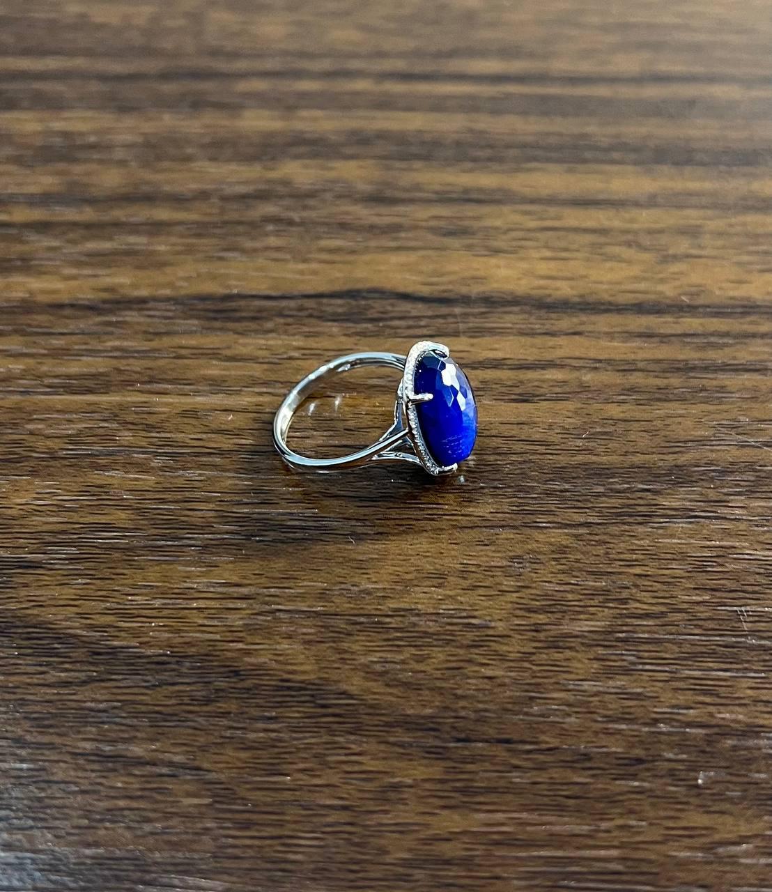 Dark Blue Azurite Bezel Set Diamond Halo 14K White Gold Statement Ring