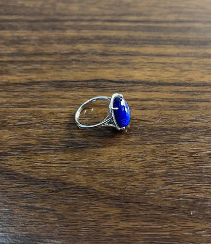 Dark Blue Azurite Bezel Set Diamond Halo 14K White Gold Statement Ring