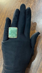Rectangle Faceted Emerald Shape Green Sapphire Cabochon 14K Gold Diamond Ring