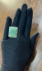 Rectangle Faceted Emerald Shape Green Sapphire Cabochon 14K Gold Diamond Ring