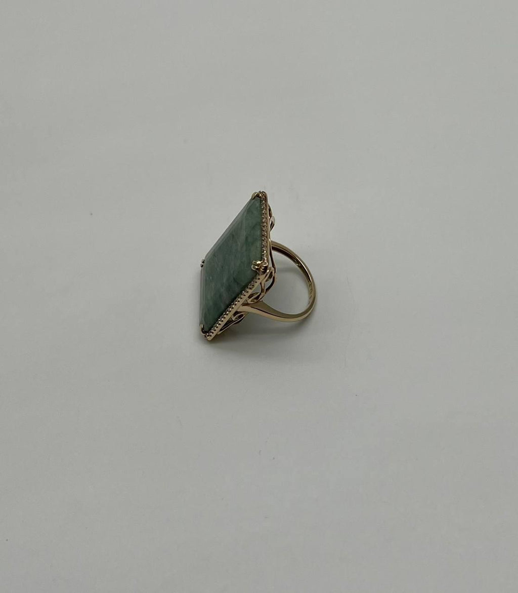 Rectangle Faceted Emerald Shape Green Sapphire Cabochon 14K Gold Diamond Ring