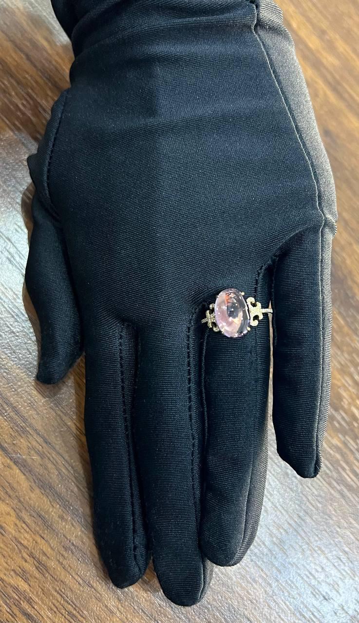 Oval Cabochon Pink Violet Amethyst 14K Diamond Statement Unique Ring
