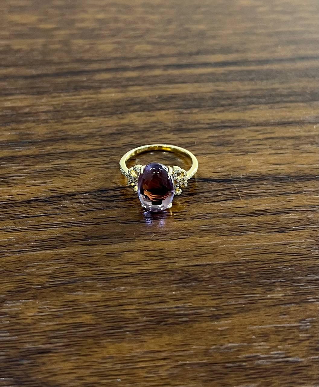 Oval Cabochon Pink Violet Amethyst 14K Diamond Statement Unique Ring